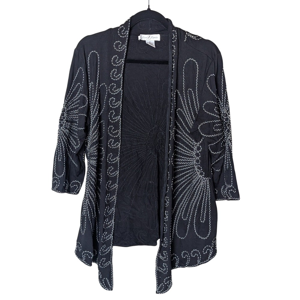 Once‎ Again Black Open Front Cardigan Large 3/4 Sleeve White Embroidered Stitch